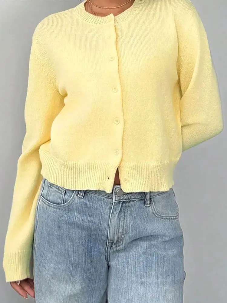 

Элегантный женский желтый кардиган, вязаный однобортный однобортный кардиган с длинными рукавами, осень 2022, базовый женский новый свитер, топ