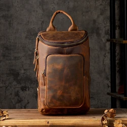 High Quality Handmade Vintage Crazy Horse Leather Chest Bag Men Fashion Genuine Leather Shoulder Sling Bag Large Capacity Pack