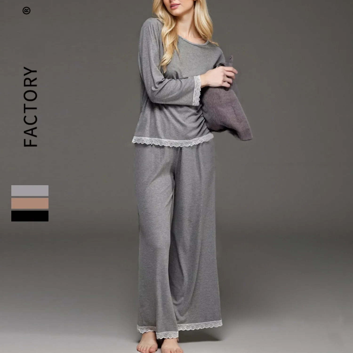 European and American Women's Long-Sleeve Lace-Paneled Pajama Set, Spring, Summer, Autumn Loungewear