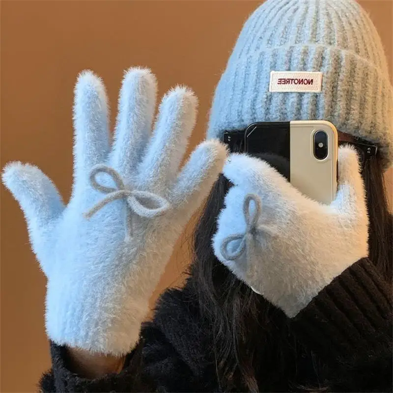 

.Cute Sweet Bow Plush Gloves Cold-Proof Gloves Student Winter Warm Five-finger Gloves Women Fashion Accessories Christmas Gifts
