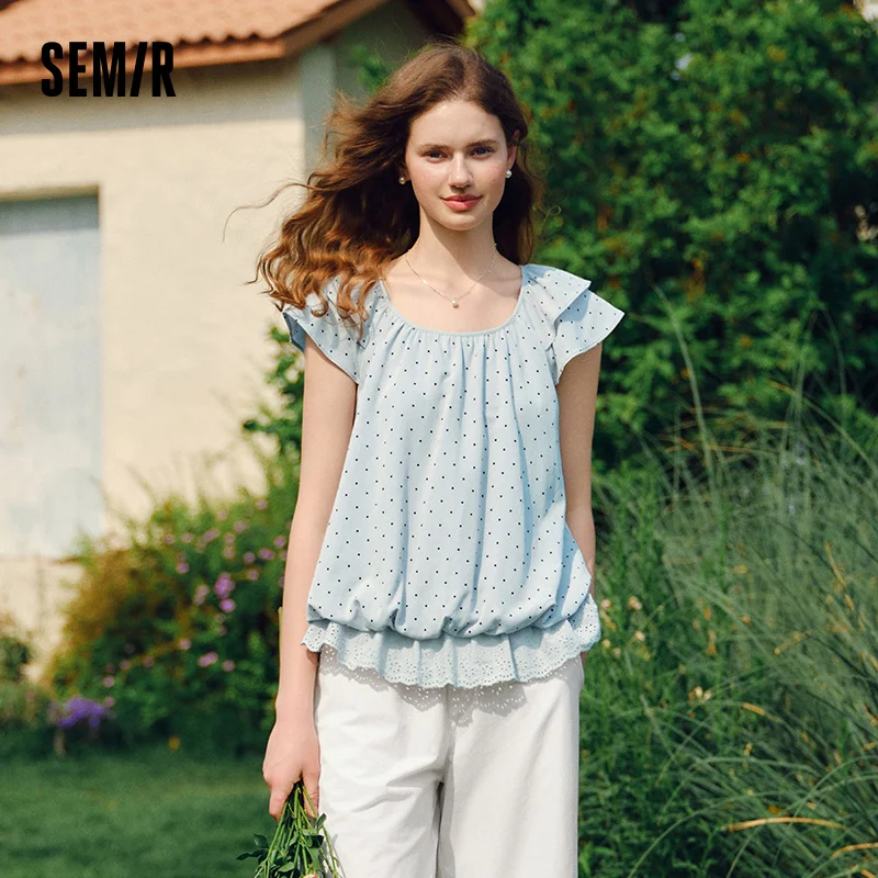 

Semir Short Sleeve Blouse Women Crop Top U-Neck Polka Dot Embroidery Design 2025 New Summer Sweet Bubble Sleeve Top