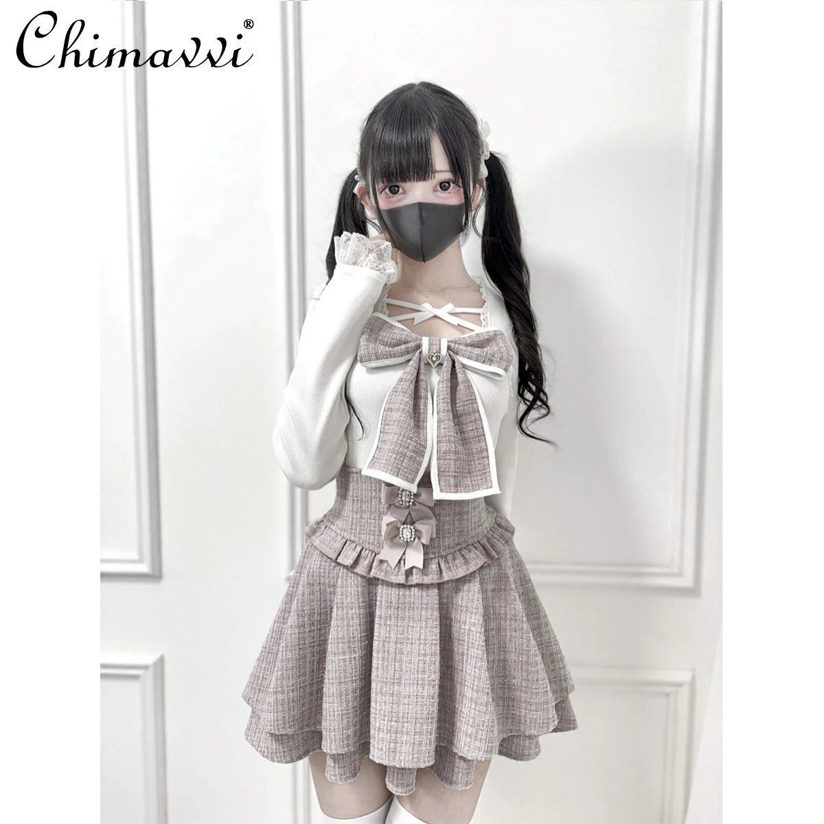 

Japanese Mass-Produced Sweet Bowknot Decorated Lace-Up Knitted Top Spring New Fashion Cute Girl Long Sleeve Pullover Sweater