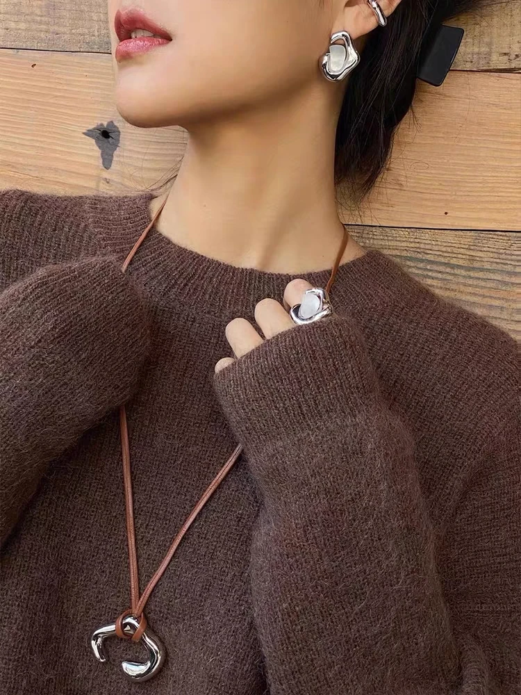 HANGZHI Irregular Metal Pendant Necklace Long Brown Leather Rope Sweater Chain Chunky Y2K Large Vintage Jewelry for Women New