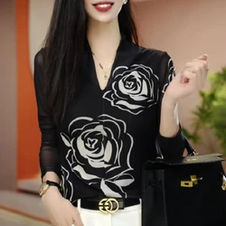 Skin V-neck Mesh Long Sleeved Shirt Breathable Double-layer Versatile Autumn Style Slimming Temperament Base for Women's