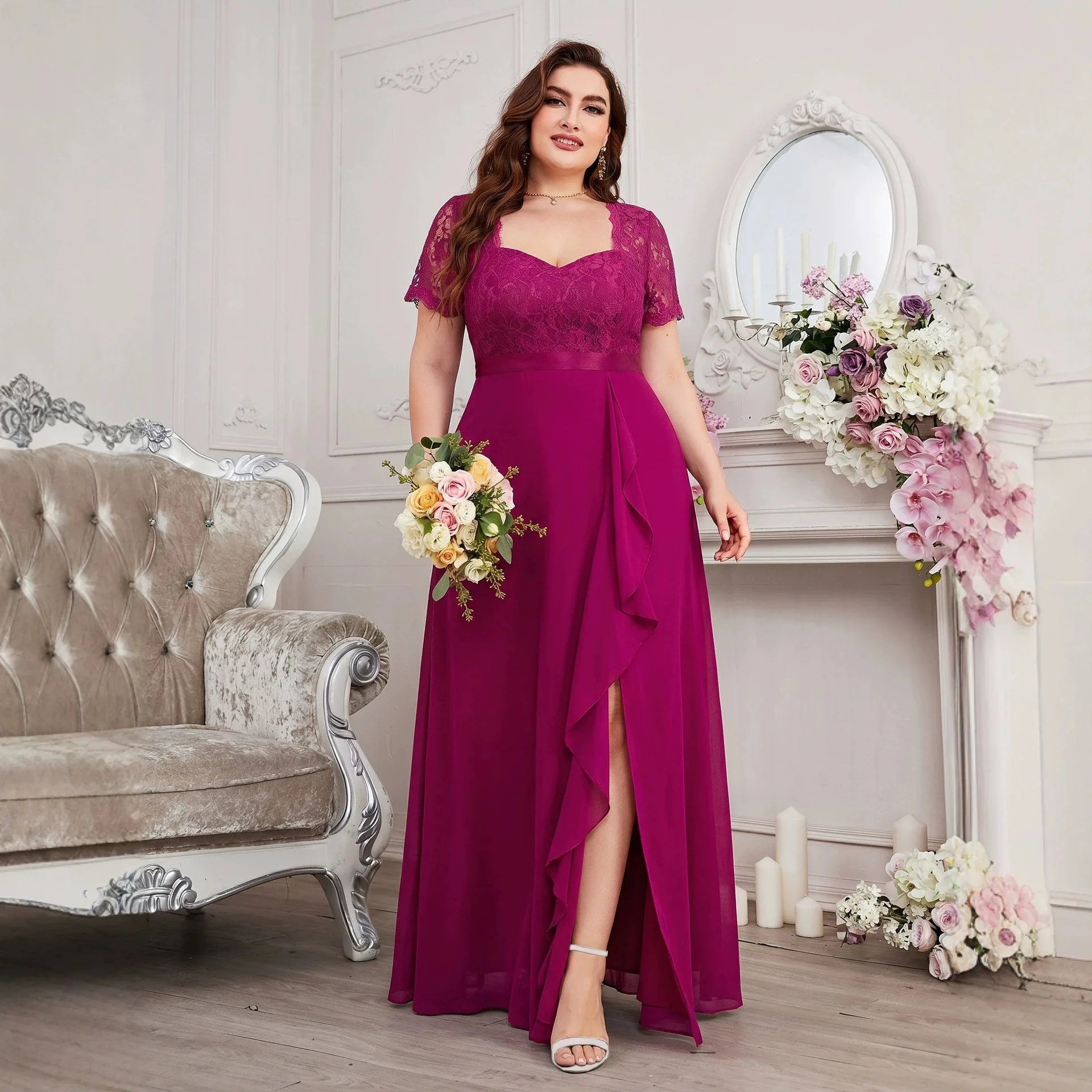 26 Summary New Plus Size Clothes Lace Spliced Chiffon V-neck Clothes Women's Clothing Clothing Sexy Vestidos