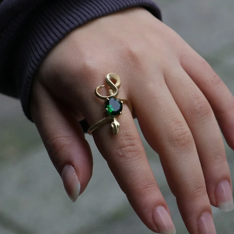 1PC Vintage Unique Snake Imitation Emerald Zirconia Gold Color Ring For Women Men Punk Gothic Snake Birthday Party Jewelry Gift
