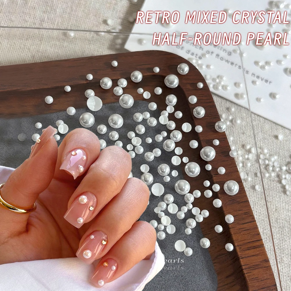 1jar platte achterkant parel luxe nagel sieraden decoraties halfronde parel nagelfiguren charme verschillende grootte ronde kralen manicure