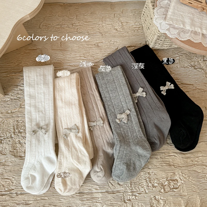 

Kids Girls Lovely Solid Footed Leggings Pearl Embellished Silver Bow Design lovely Soft Stretchy Ideal for Daily Children Pants