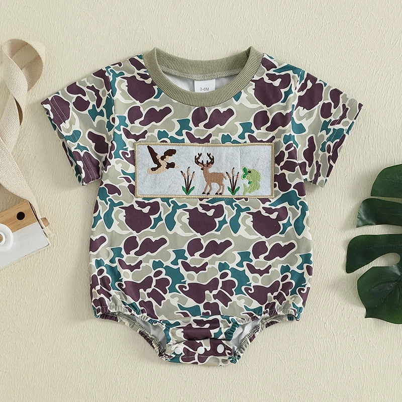 Mameluco de camuflaje ligero para niño pequeño con mangas cortas, cuello redondo y lindo bordado de animales para diversión de verano