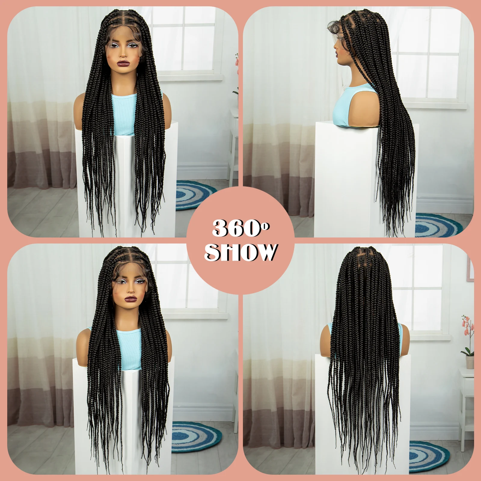 Full Lace trançado perucas para mulheres negras, caixa sem nós sintética, cabelo do bebê, peruca natural do laço frontal, 36"