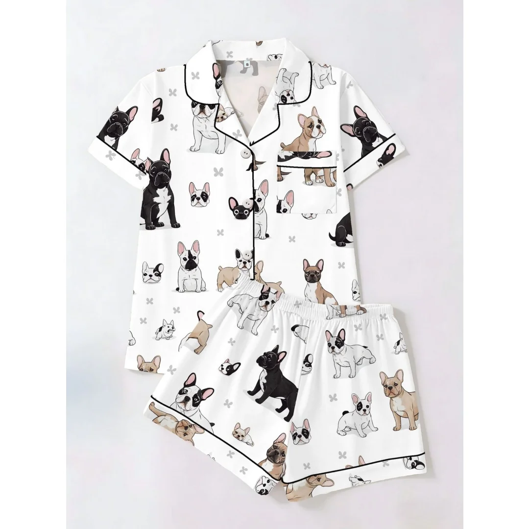 

Cute White Women's Pajamas Set Bulldog Printed Loungewear Home Wear with Lapels Short Sleeves and Shorts Pants Summer Gifts