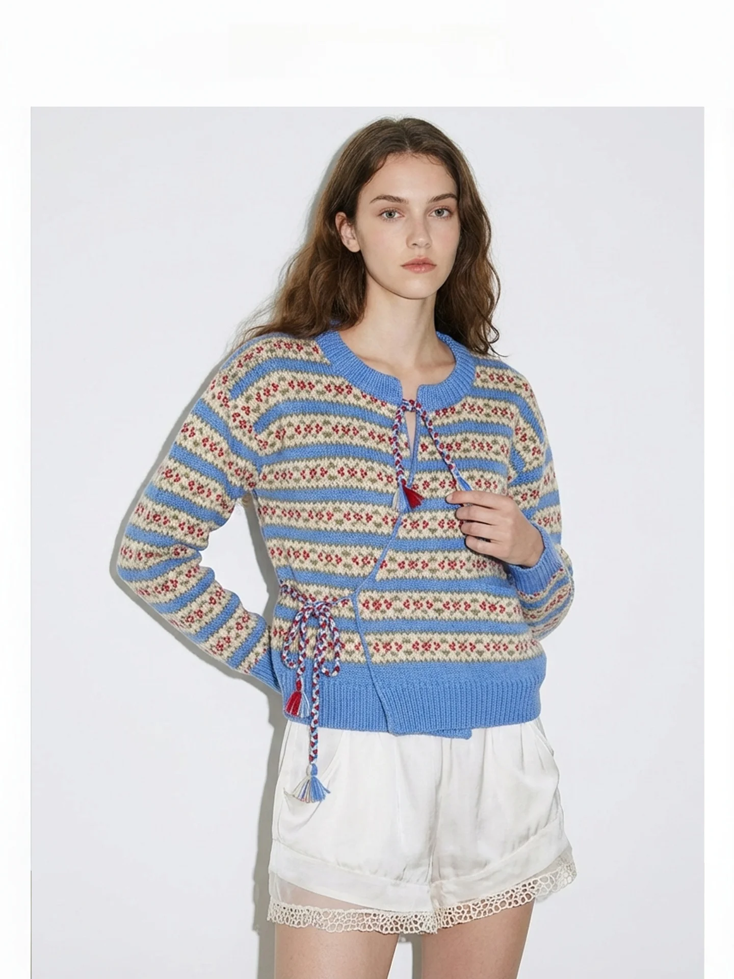 

Blue Striped round Ne Bubble Sve Knitted Cardigan Women's Faion Agel n Sle Wool Blend Soft Long Sve Swe...