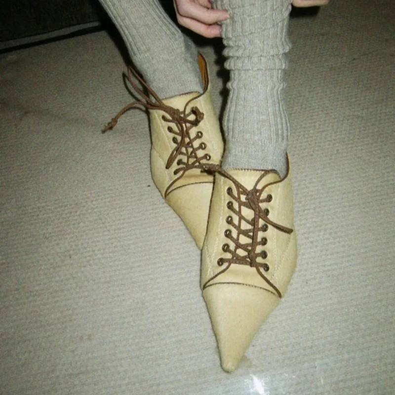 Colorblock Lace Up Pointed Toe Deep Mouth Single Shoes for Ladies Wedge Heel Baotou Slippers Versatile Daily Outside Footwear