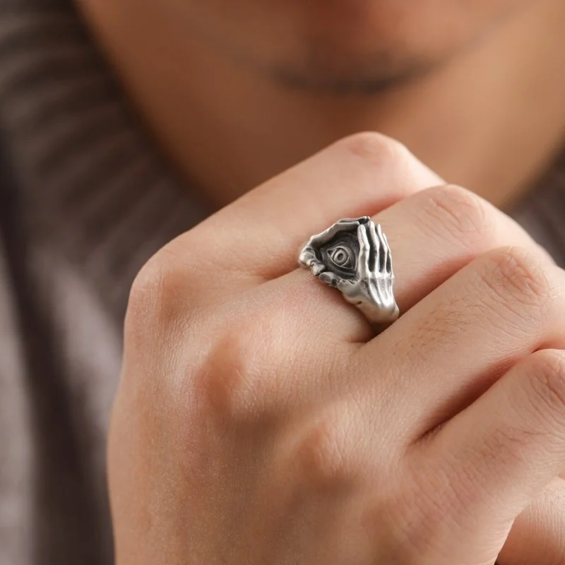 QEENKISS 925 Sterling Silver Vintage Hand Eye Rings for Men Male Birthday Wedding Party Christmas Boyfriend Father Gifts RG7006