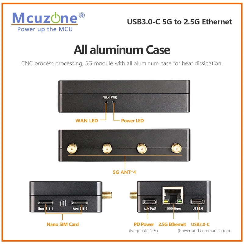 (รุ่น:MR5211C)M.2 5G to 2.5G Ethernet(RJ45) USB3.0-C,CNC Case,สนับสนุน RM521F,RM520N,RM510Q และ RM500Q,win10/11,RTL8125