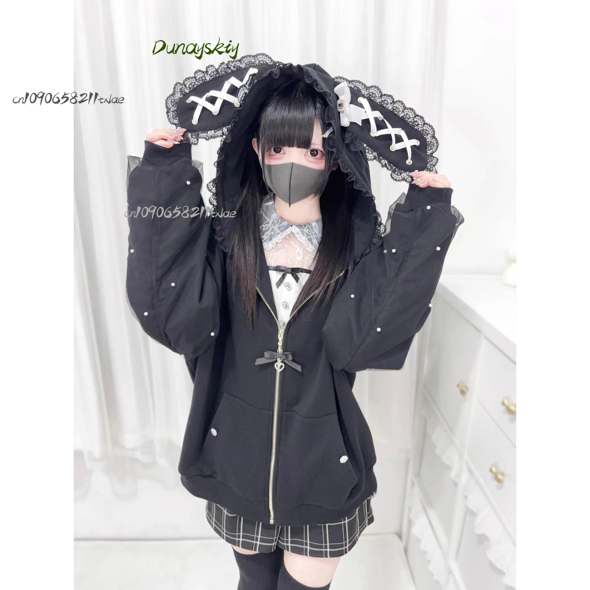 Jirai Kei Japanese Women Girls Cosplay Costumes Bunny Cat Ear Hoodie Coat White Black Plush Warm Coat Kawaii Daily Carnival view 2