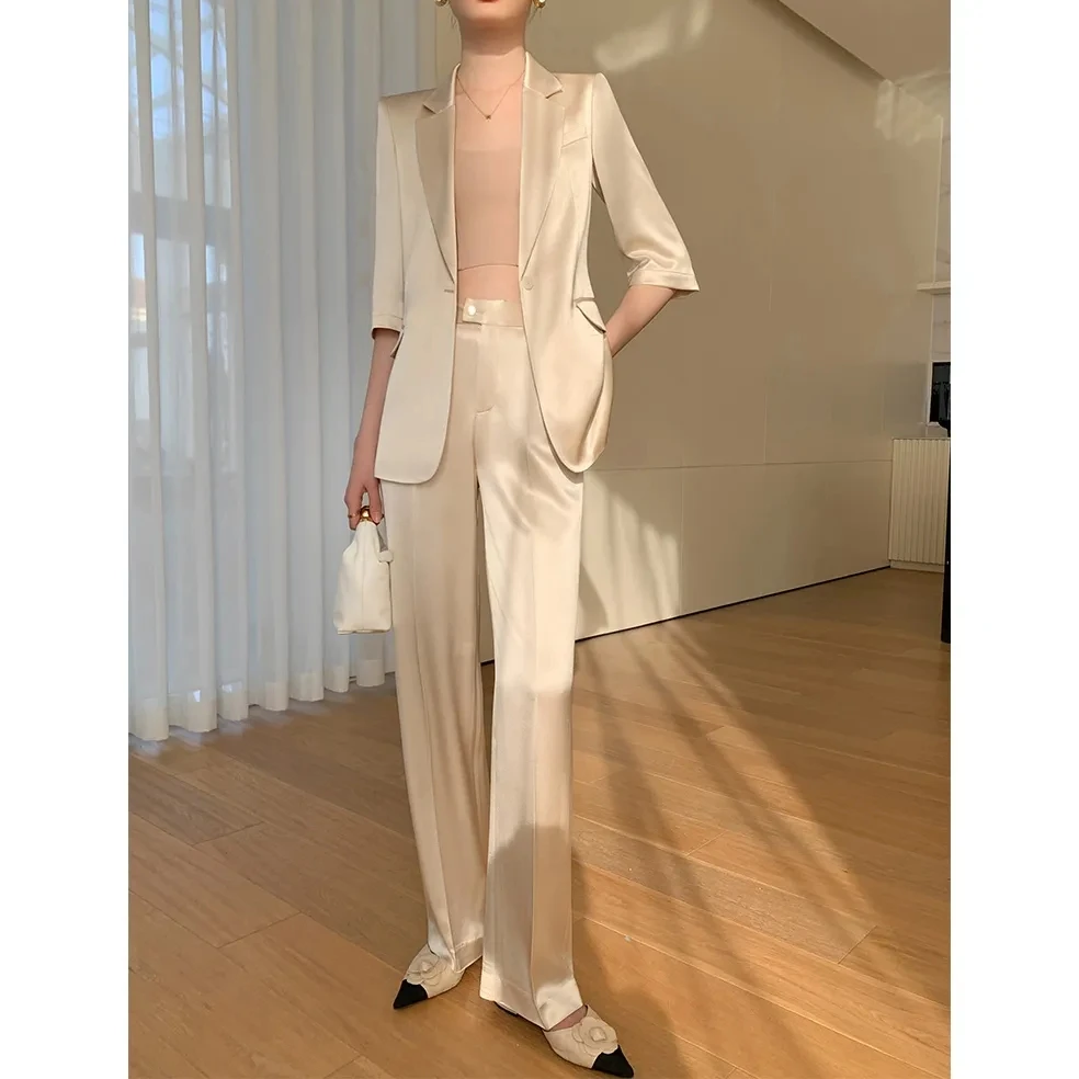 Summer Spring 2024 New One Button Half Sleeve Blazer Jacket Coat Casual Two-piece Elegant Women's Trousers Office Lady Suit