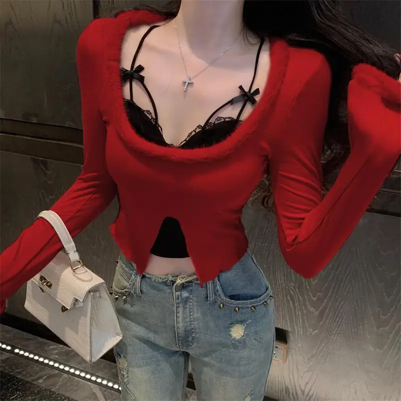 MiiiiX Sweet Hot Girl Furry Fake Two Piece T-Shirt Women's Blouse 2024 Autumn New Long-sleeved Lace Splicing Bottoming Shirt Top