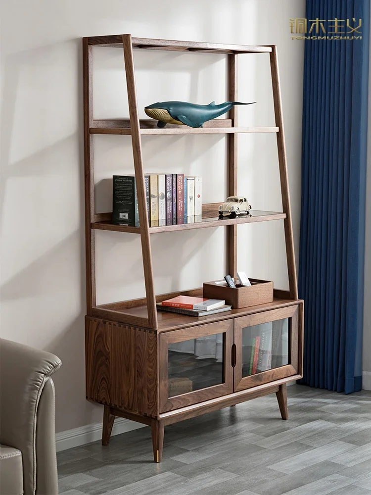 North American Black Walnut Solid Wood Glass Door Bookcase Nordic Style Floor-Standing Rack Cabinet