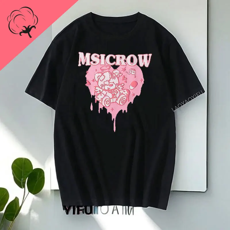 2024 koreański damski t-shirt Kawaii różowy miłość nadruk niedźwiedzia krótki rękaw t-shirt damski bluzka Harajuku Streetwear damski T-shirt