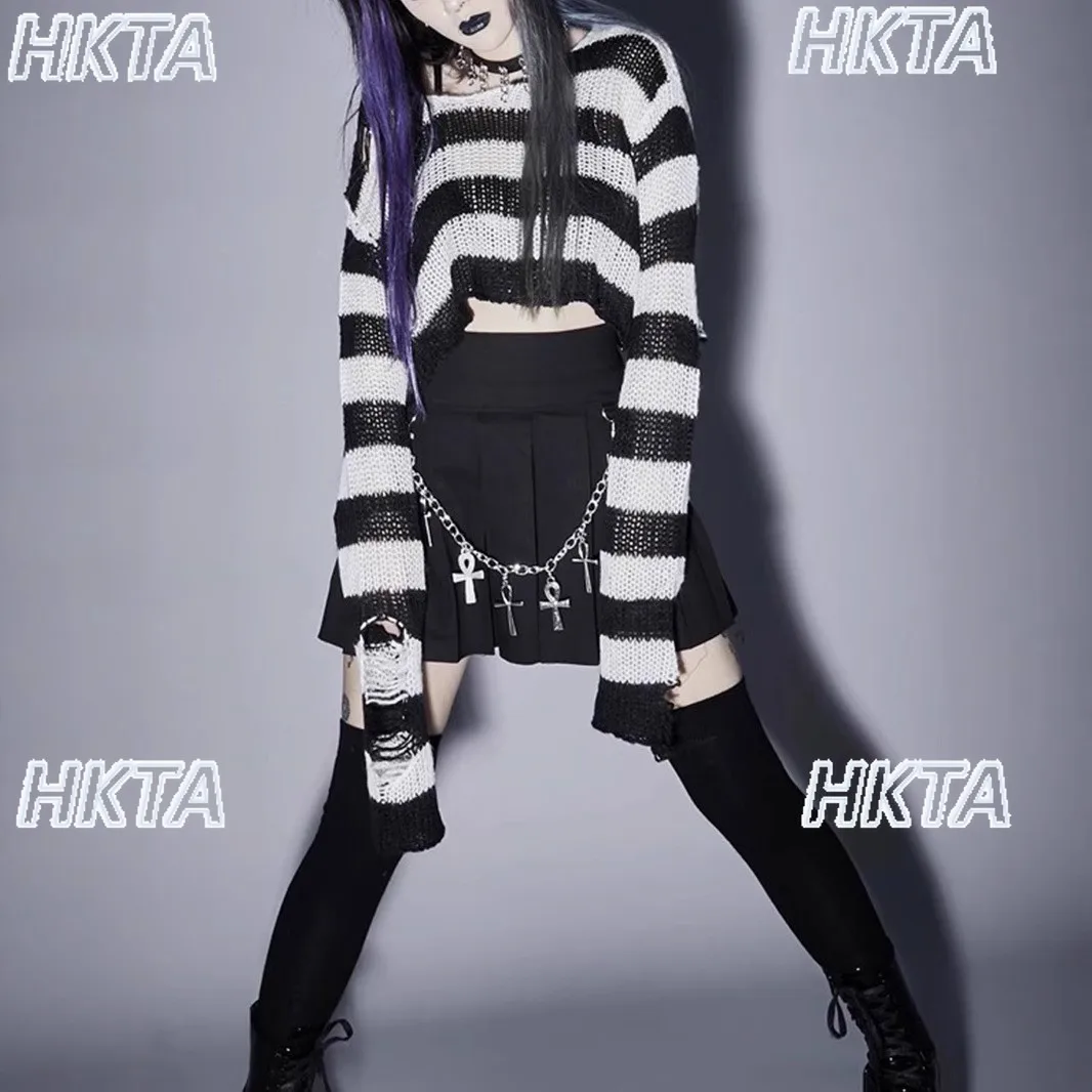 

Harajuku Japanese Gothic Subculture Knitted Sweater Top Autumn New Personality Punk Y2K Striped Pullover Ripped Sweater Jumper