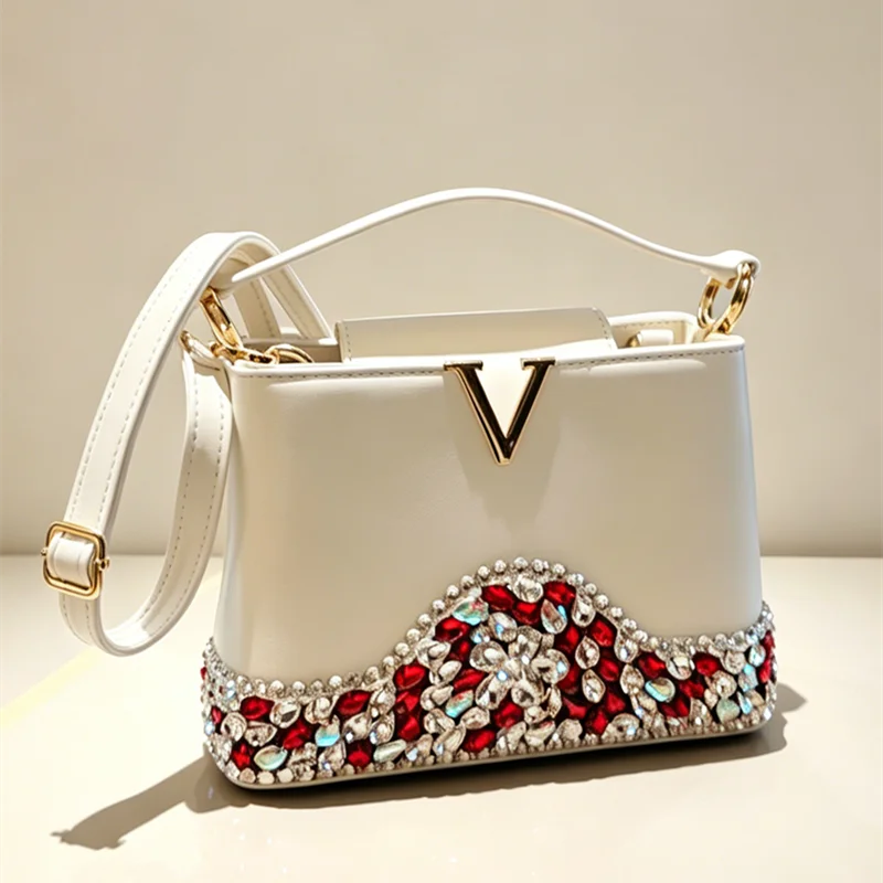 

Новая роскошная женская сумка из искусственной кожи 2026 года, вечерняя сумка с ручкой и стразами, сумка через плечо, V-образная пряжка, для свадьбы и вечеринок, модная