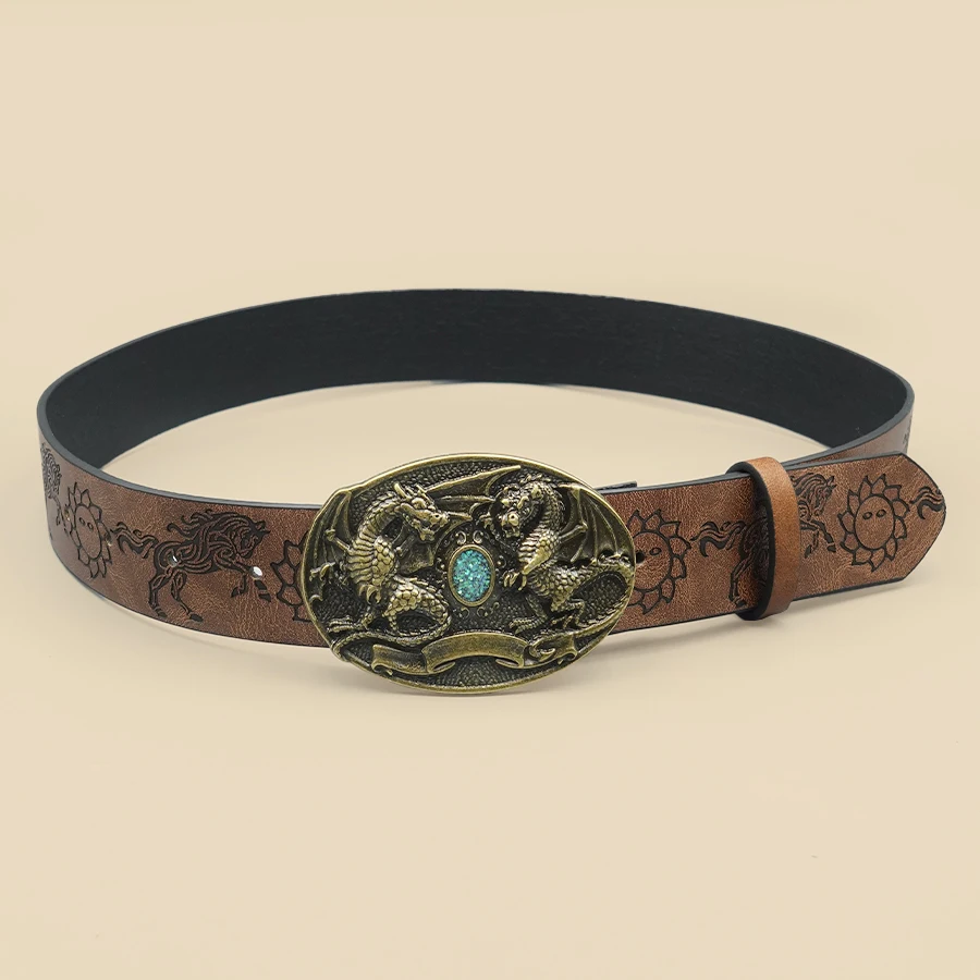 Brown European-Style Casual Belt with Retro Dragon Pattern Carved and Gem-Inlaid Buckle - Versatile Classic Decorative Belt