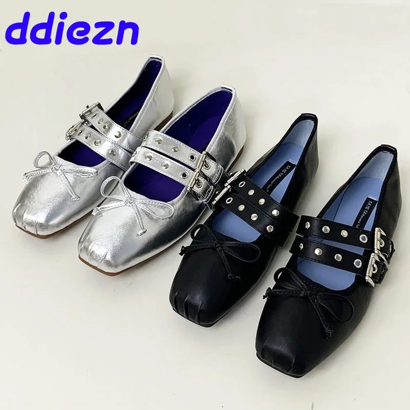 Female Butterfly-Knot Footwear Women Flat With Shoes Rivet Fashion Designer Buckle Strap Shallow Ladies Flats Mary Janes Shoes