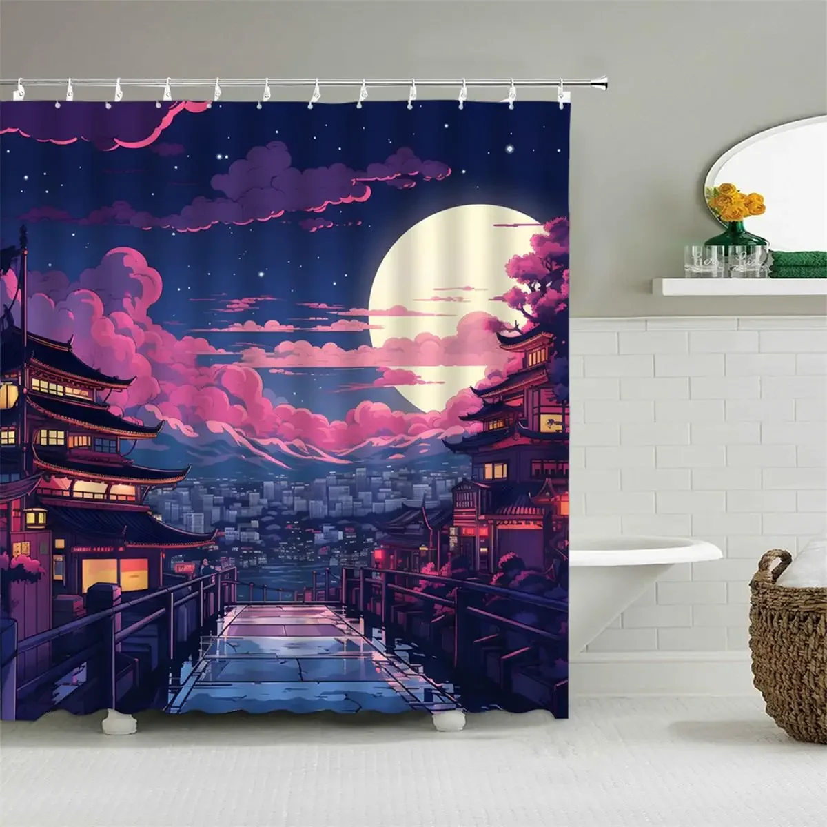 Japan Tokyo Shower Curtain Manga City Night Sky Moon Cherry Blossom Loft Print Polyester Fabric Bathtub Partition Bathroom Decor