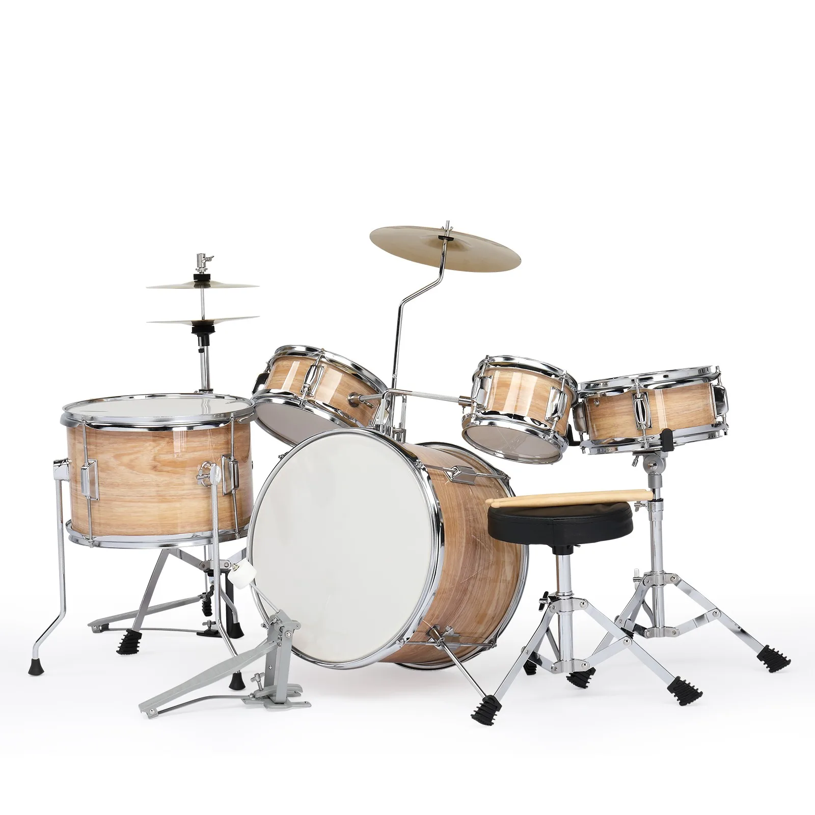 Glarry 5 Pieces Full Size Child Drum Set Cymbals Kit with Stool & Sticks