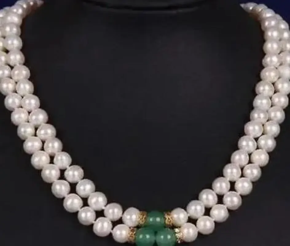 JEWELRY NECKLACE 2row double strands 9-8MM GREEN JADE SOUTH SEA WHITE PEARL NECKLACE