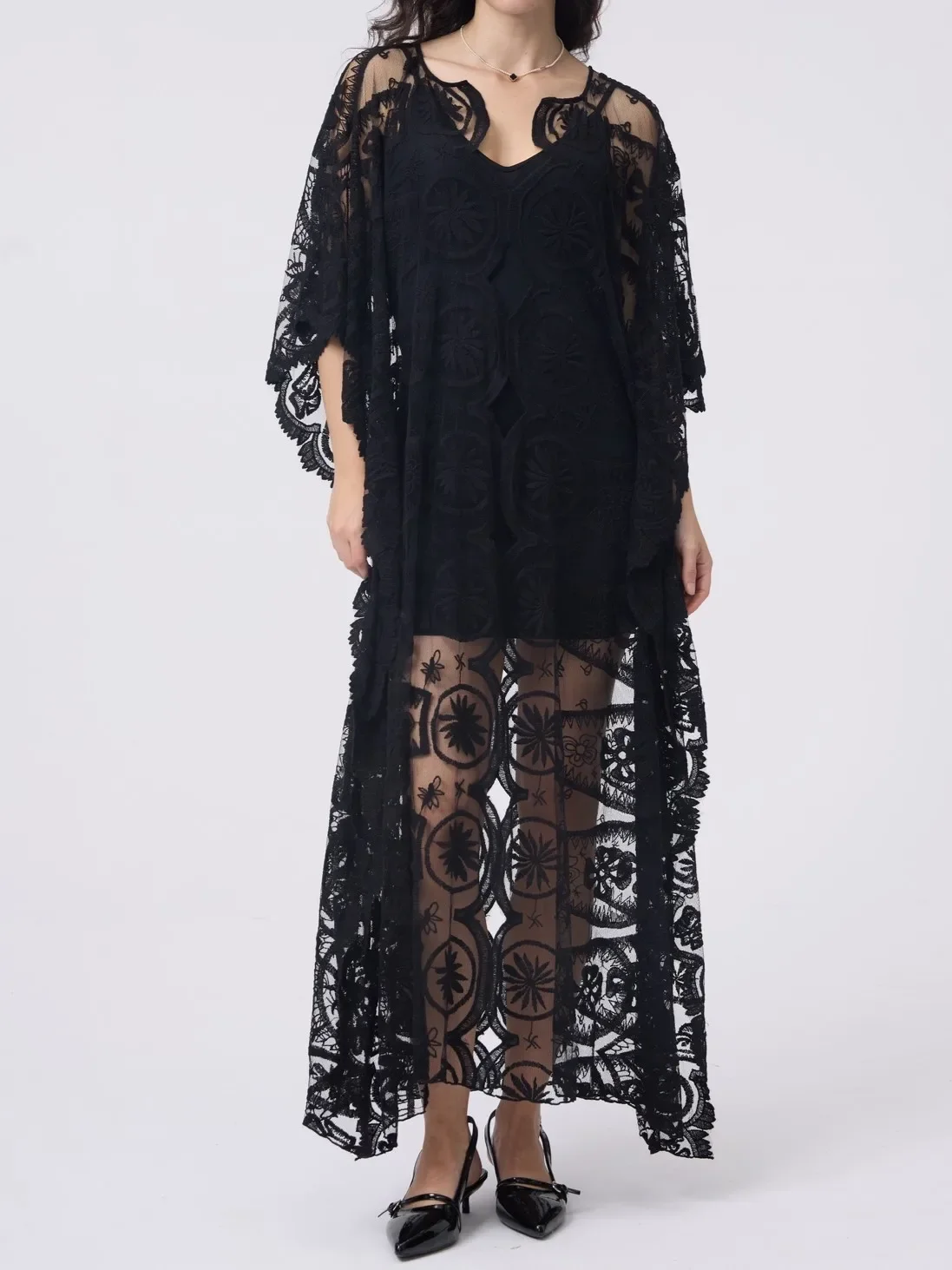 

Women Mesh Embroidery Maxi Dress Hollow Out V-Neck Solid Color Loose Transparent dress with Lining