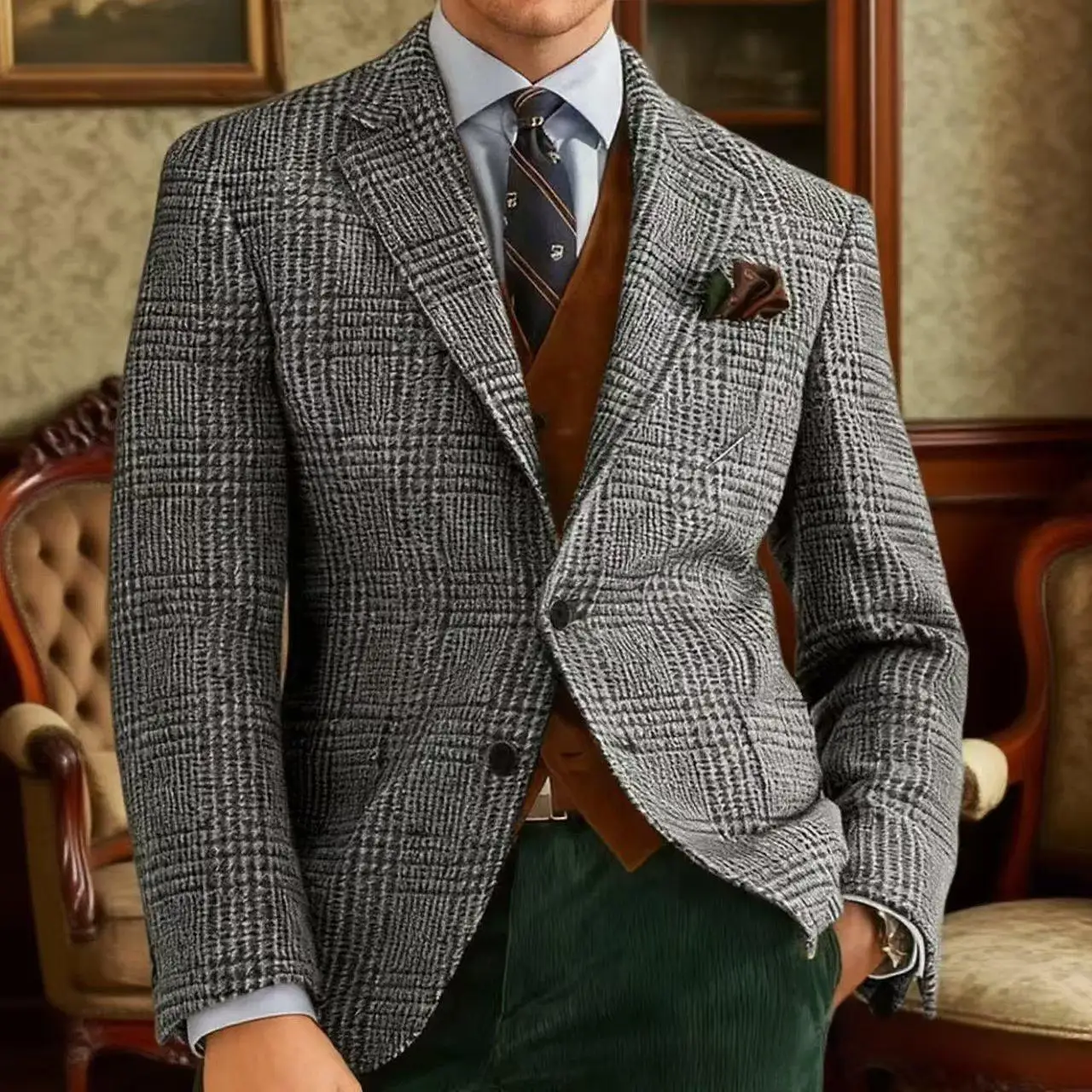 

Autumn Winter Men's Suits Jacket Formal Single-Breasted Plaid Blazer Tweed Wear Tuxedos Business Casual Party Men Sport Coats