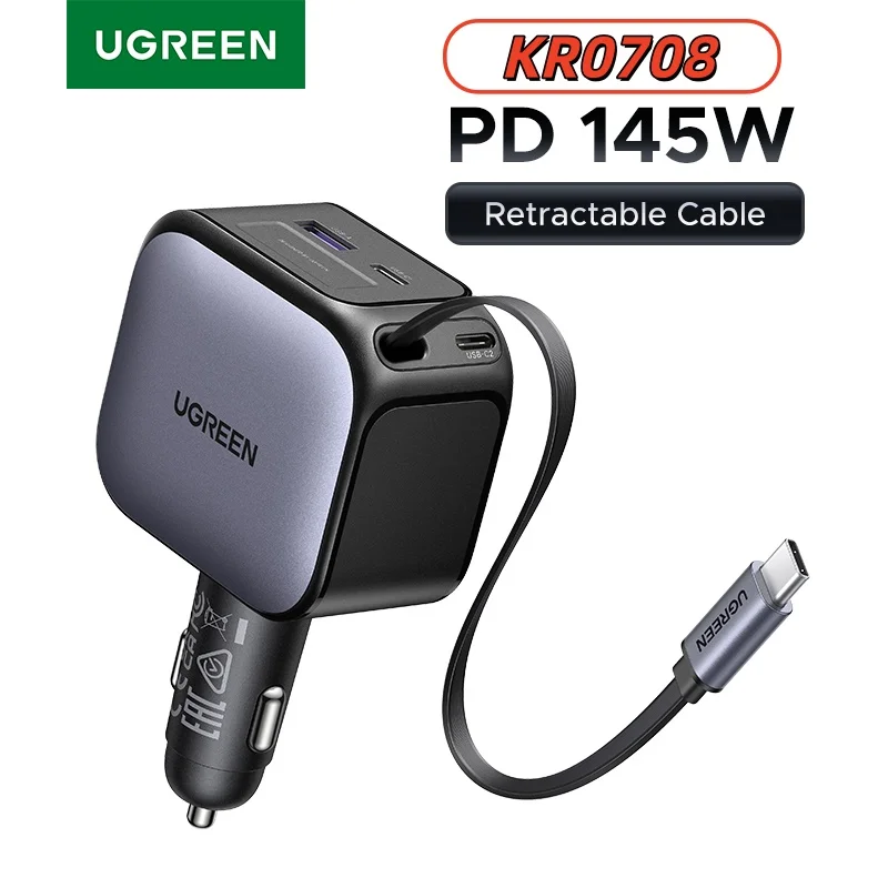 UGREEN 145W 90W 60W 차량용 충전기 3 USB-C & 1 USB-A 포트 PD QC4.0 고속 충전 리트랙터블 케이블 포함 아이폰 17 프로 맥북용