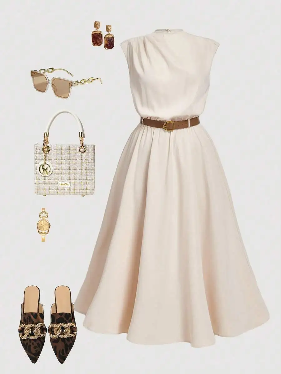

Cream Sleeveless A-Line Midi Dress with Belt, Elegant Office & Summer Outfit