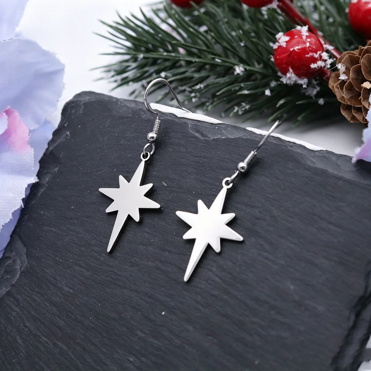 Kinitial Celestial North Star Drop Earrings Stainless Steel Eight Point Star Piercing Dangle Earring For Women Jewelry Gifts