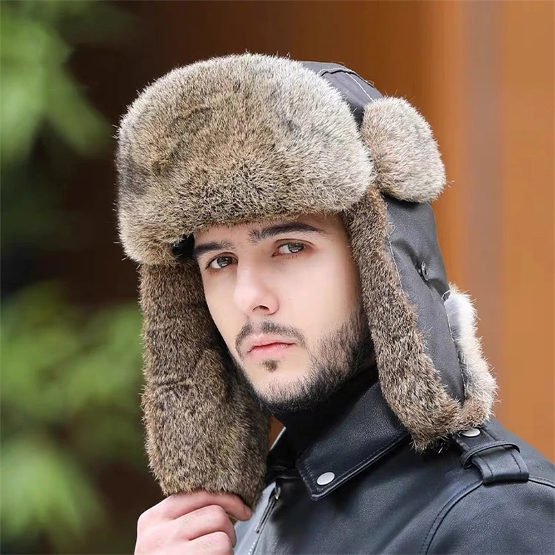 Unisex Genuine Sheepskin Bomber Hats Winter Outdoor Warm Riding & Skiing Rabbit Fur Russian Ushanka with Earflap IL00691