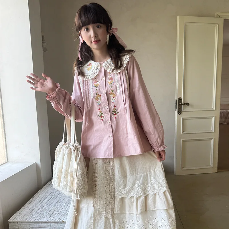

Vintage Sweet Cotton Lolita Blouse Female Floral Embroidery Cottage Core Retro Chic Rococo Tops Shirt