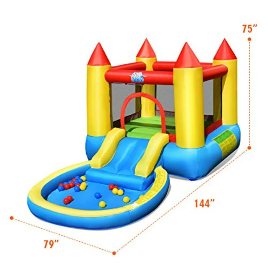 Outdoor backyard inflatable bounce house for kids aged 3-5: PVC material, blue and yellow, includes water slide, jumping area,