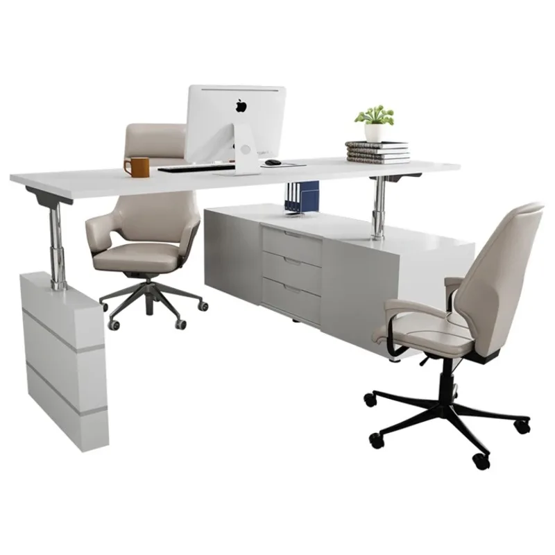 White Modern Electric Height-adjustable Executive Desk Convertible Lifting Manager Table With Drawer L-Shape Boss Table