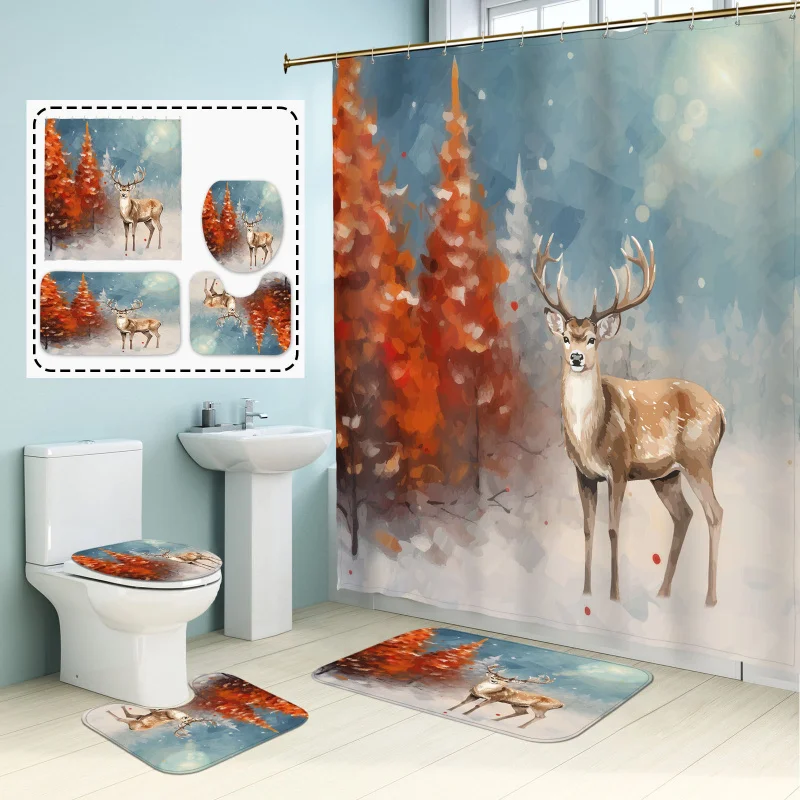 4pcs Winter Wonderland Bathroom Accessory Set, Polyester Knit Leaf Pattern, Pastoral Theme, Stain Resistant, Hand Washable, with