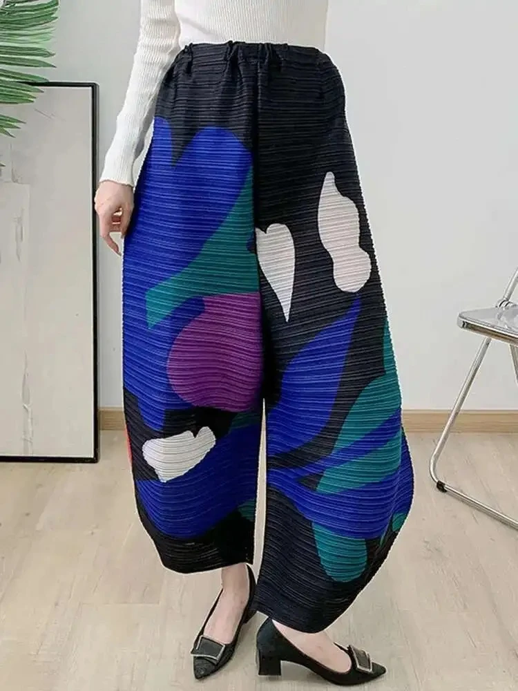 

ALSEY Casual Fashion Trousers Miyake Pleated Harem Pants Women's Elastic Waist Loose Versatile New 2025 Summer Retro Style