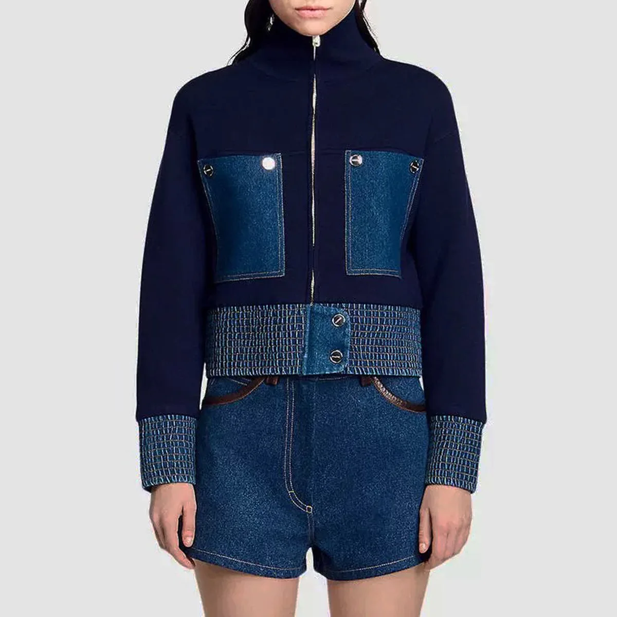 Spring and Autumn New Fashion Stretch Knitted Cowboy Patchwork Front Zipper Half High Collar Fit Casual Women's Coat Top