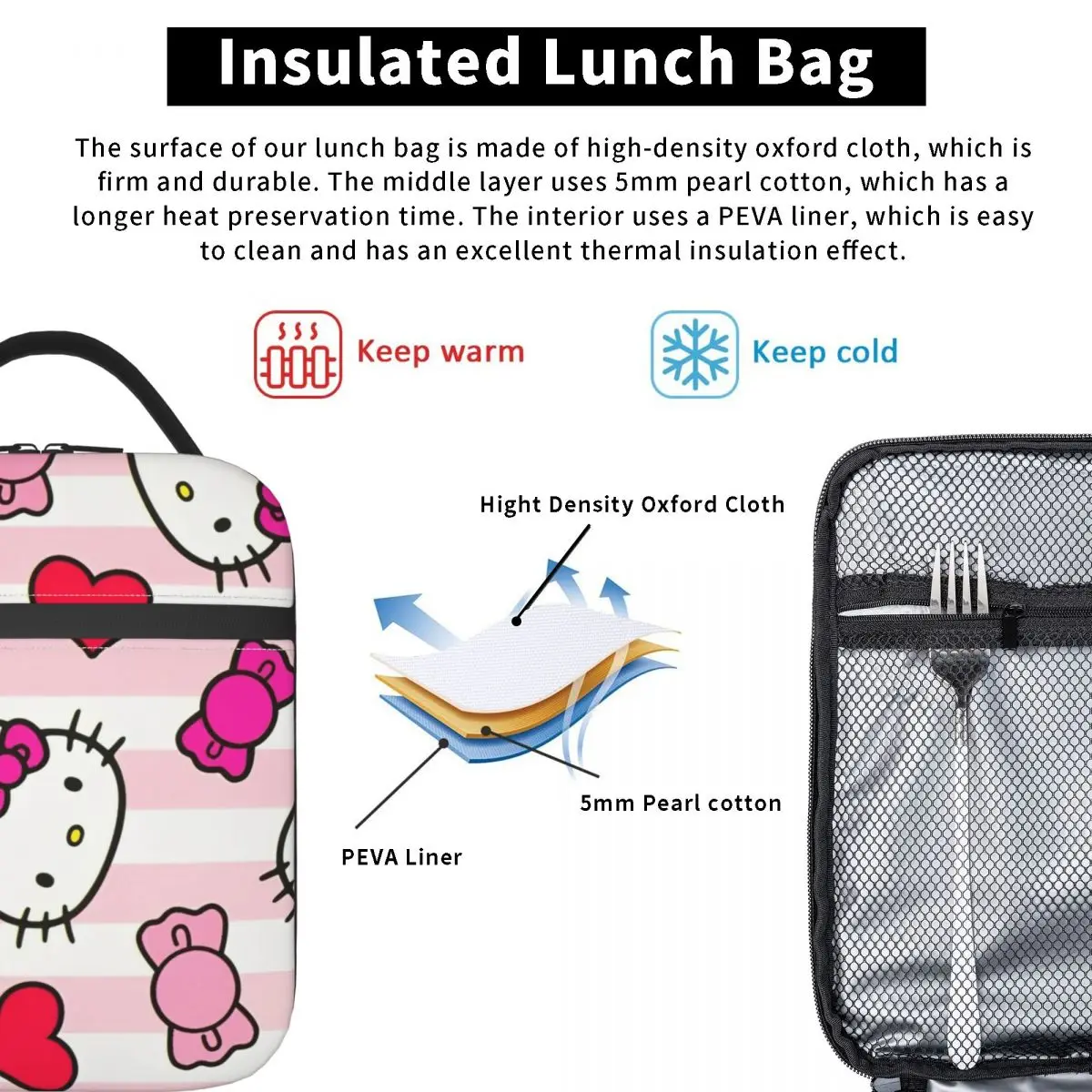 Hello Kitty Face Heart Insulated Lunch Bag Large Lunch Container Thermal Bag Tote Lunch Box School Outdoor Food Storage Bags