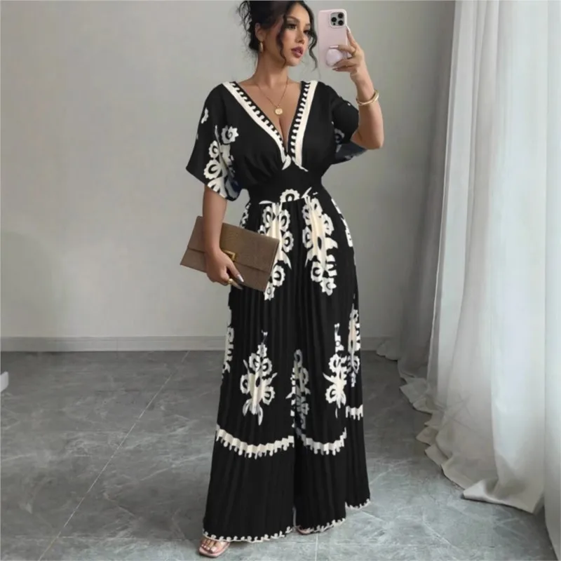Tuta con pantaloni larghi a maniche corte stampata casual alla moda con scollo a V sexy per la nuova tuta a vita alta da donna primavera estate