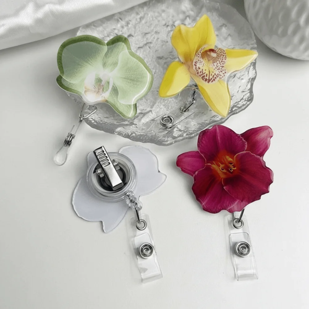 New Acrylic Resin Holder Clip Orchid Flower Shape Retractable Design ID Badge Reel Durable Name Tag Badge Office Employee
