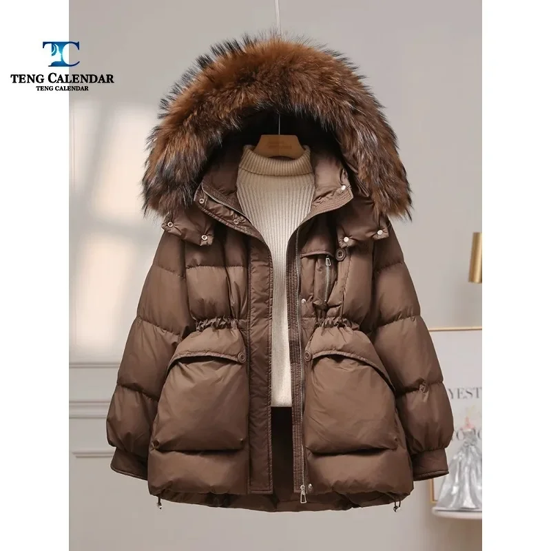 Fashionable Down Jacket for Women, Mid to Long Waist, Cinching Slimming and Thickened Short Real Raccoon Fur Jacket, Winter New