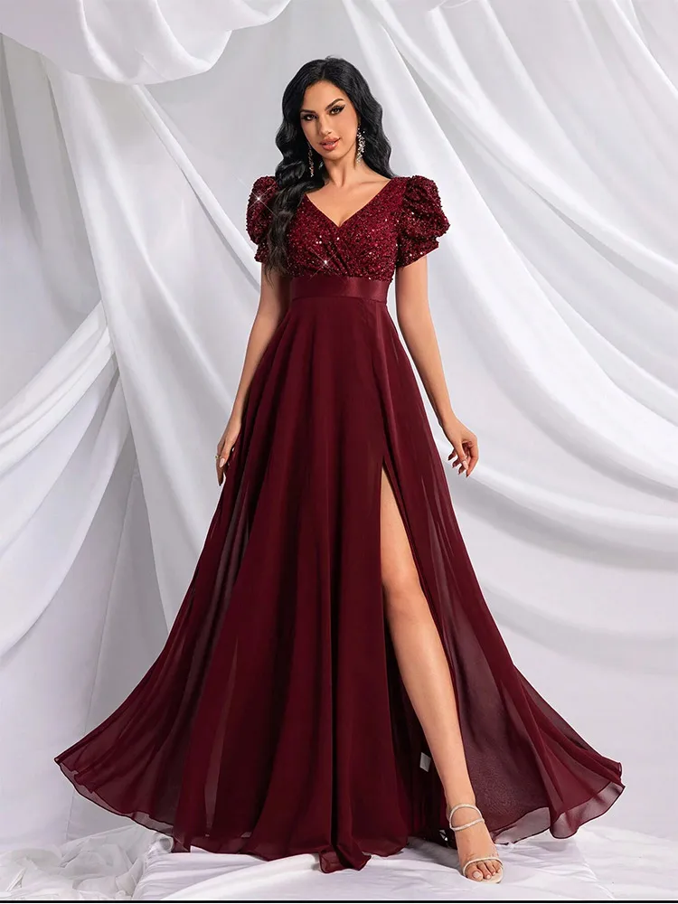 Vestido de noche de lujo con cuello en V de manga corta para mujer, vestido de dama de honor de lujo, vestido de graduación largo hasta el suelo, banquete rojo vino