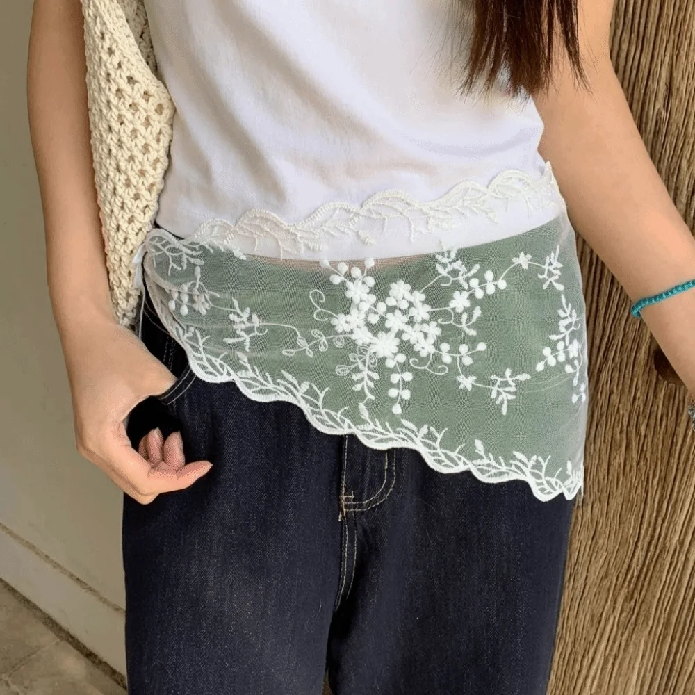 

White Lace Triangle Belt Elegant Layered Design Korean Lace Apron Slimming Cut Triangular Shape Belted Overlap Scarf Wedding