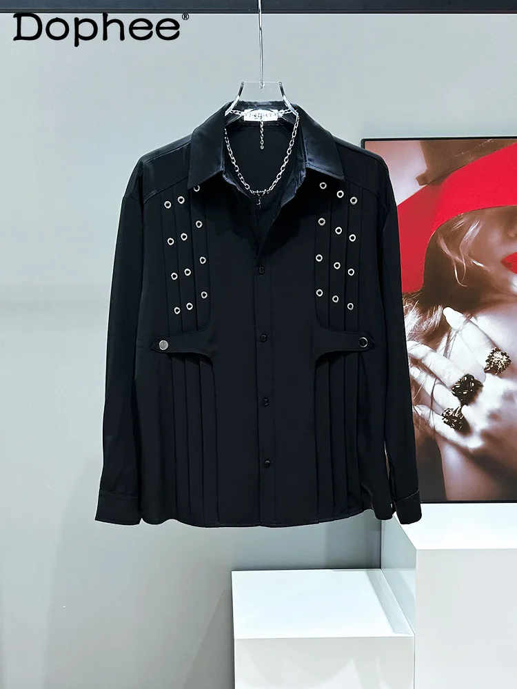 

Men's 2025 Spring Handsome High-end Metal Decoration Splicing Pleated Black Shirts Men's Loose Comfort Long-sleeve Casual Shirt